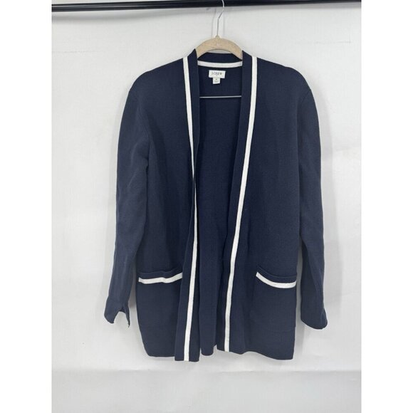 J.Crew Sweater Womens Small Tipped Open Front Cardigan Navy Blue White Preppy - Picture 1 of 10